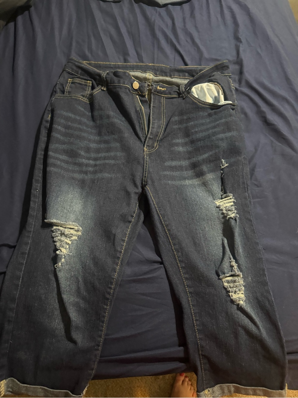 SHEIN Dark Blue Distressed Boyfriend Jeans